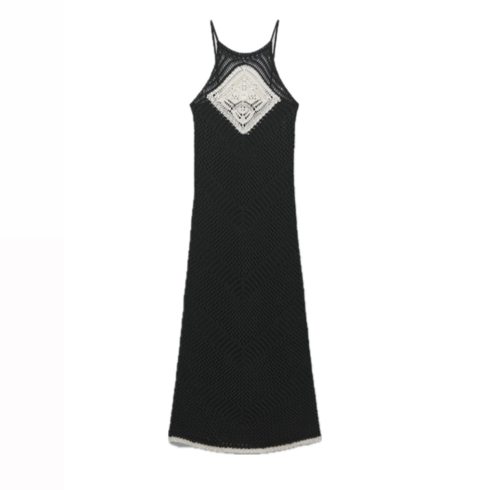 Zara crochet knit midi dress M black cream